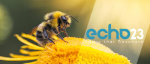 bumblebee pollinating a flower - text reads Echo 23, Ideas that Resonate